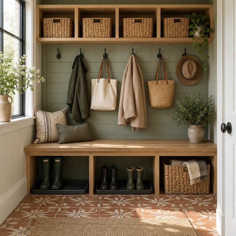 Mudroom ideas: farmhouse mudroom with a white oak bench, boot trays, wall hooks with coats and bags, cubbies with baskets and sage shiplap