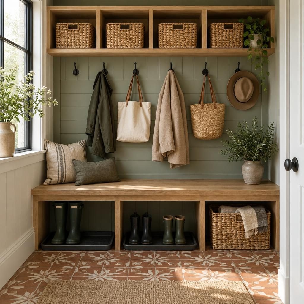 Mudroom ideas: farmhouse mudroom with a white oak bench, boot trays, wall hooks with coats and bags, cubbies with baskets and sage shiplap