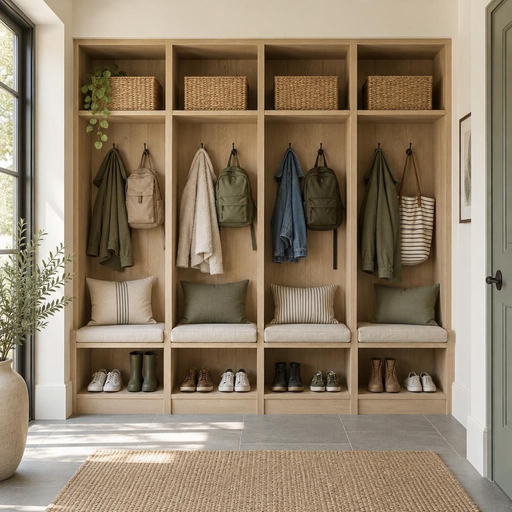 Mudroom lockers: four open white oak lockers with hooks for coats and backpacks, baskets on top and shoe cubbies below the bench