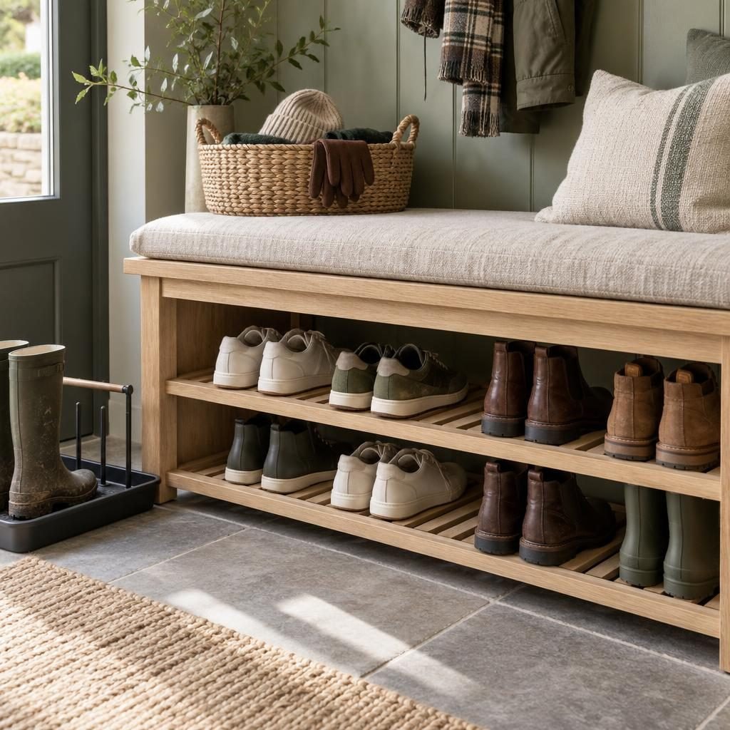 Mudroom bench with slatted shoe shelves holding sneakers and boots, a linen cushion and a basket of hats and gloves