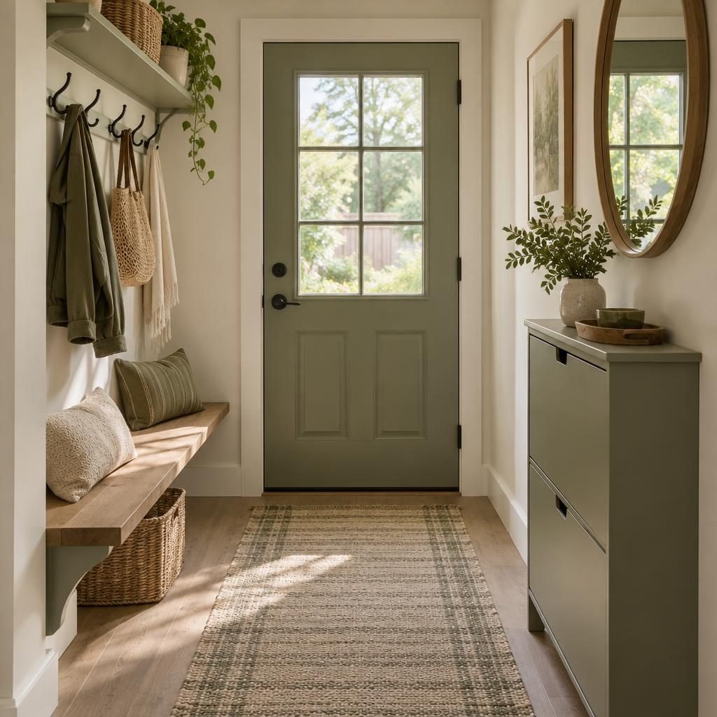 Small mudroom ideas: narrow hallway by the back door with a wall-mounted bench, a row of hooks, a slim shoe cabinet and a runner rug