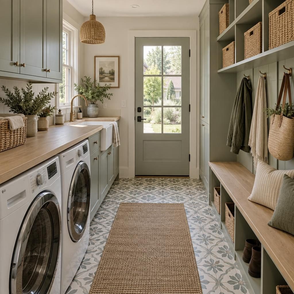 Laundry mudroom combo with a washer and dryer under a wood counter on one side and a bench with hooks and cubbies on the other