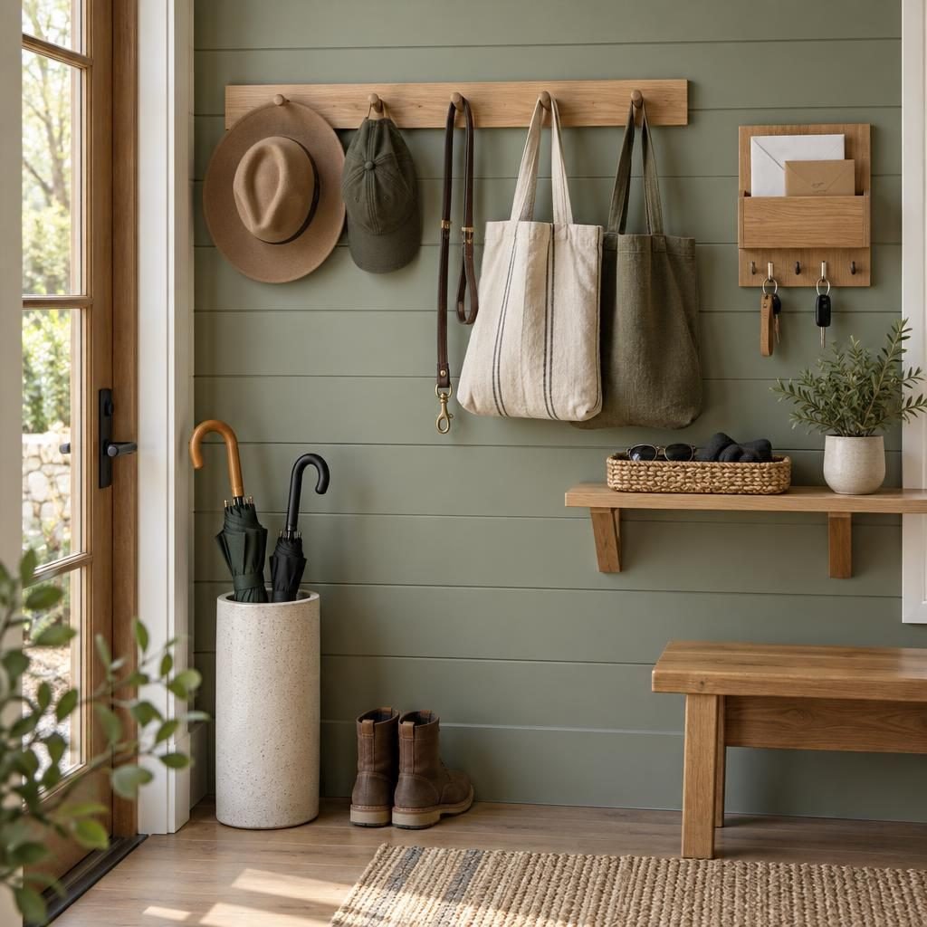 Mudroom hook wall with a peg rail holding hats, a dog leash and tote bags, a key and mail organizer and an umbrella stand