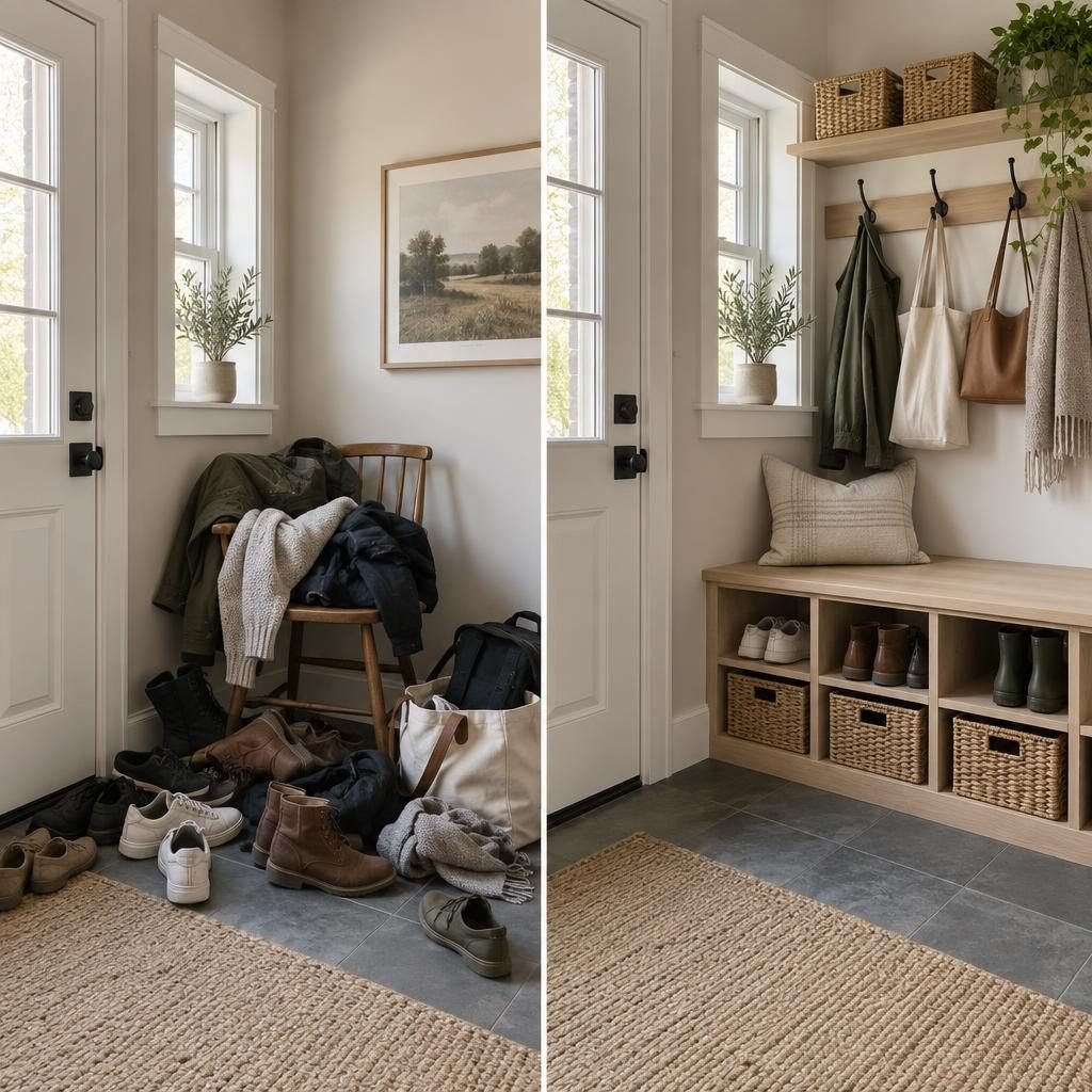 Mudroom before and after: shoes and coats piled by the back door next to the same corner organized with a bench, cubbies and hooks