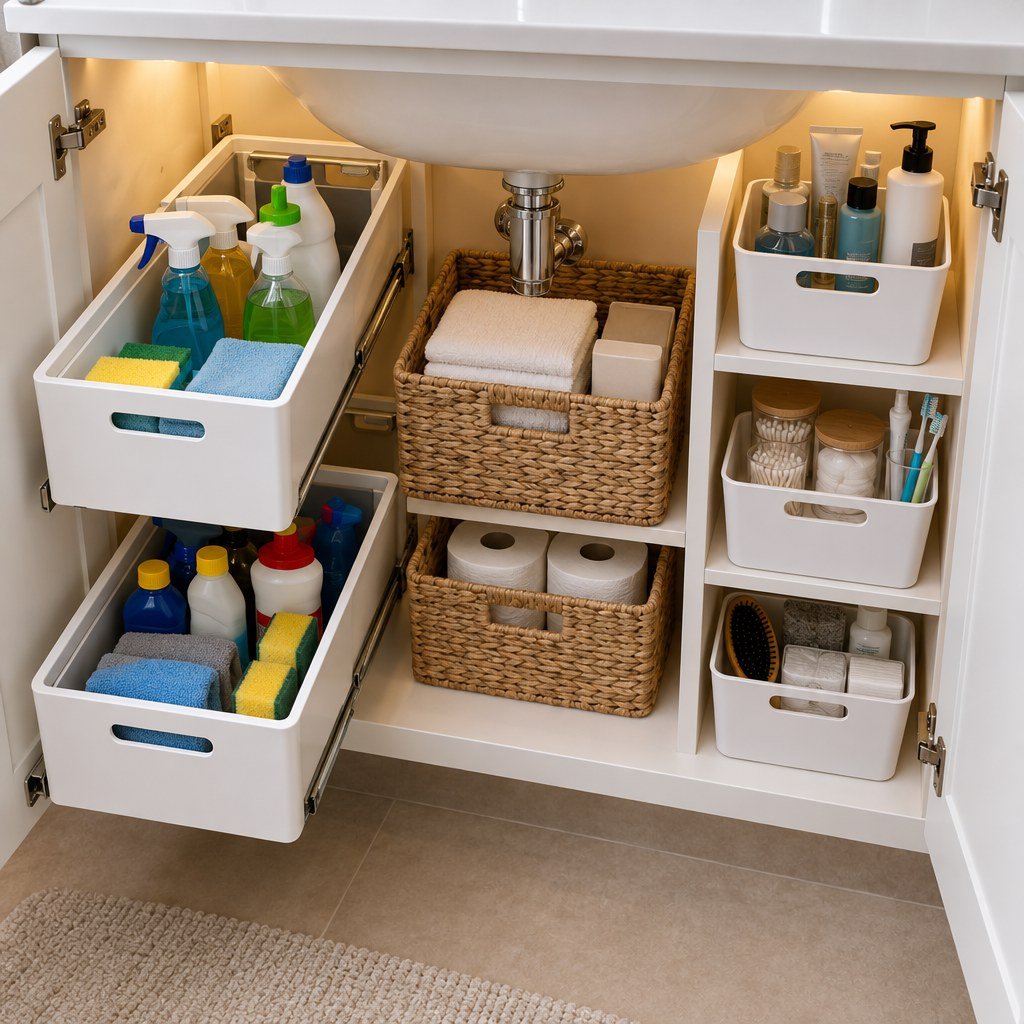 Organized under-sink bathroom cabinet with bins and baskets