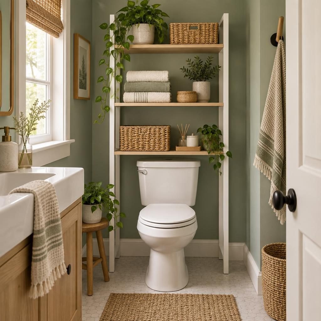 Freestanding white étagère above a toilet with folded towels, baskets and a plant