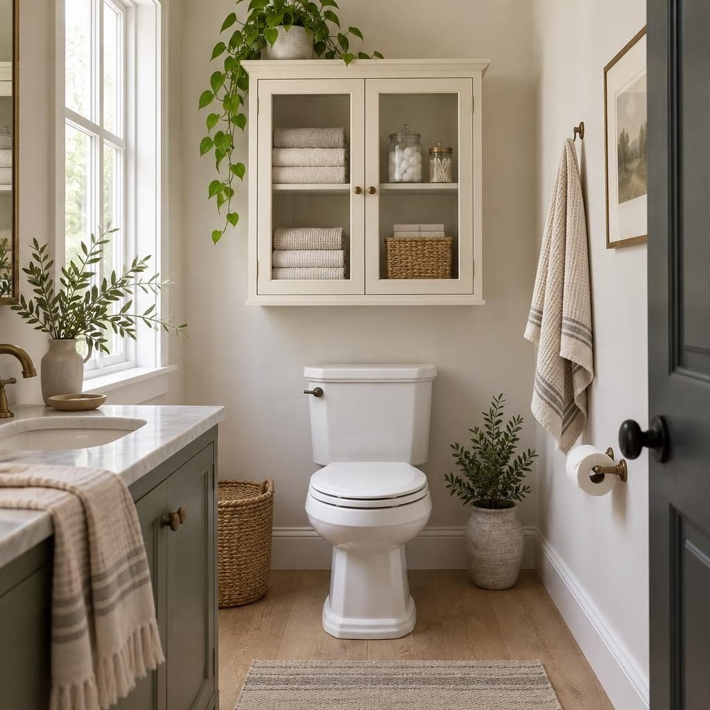 Cream wall cabinet with glass doors above a toilet holding stacked towels and jars in a small bathroom