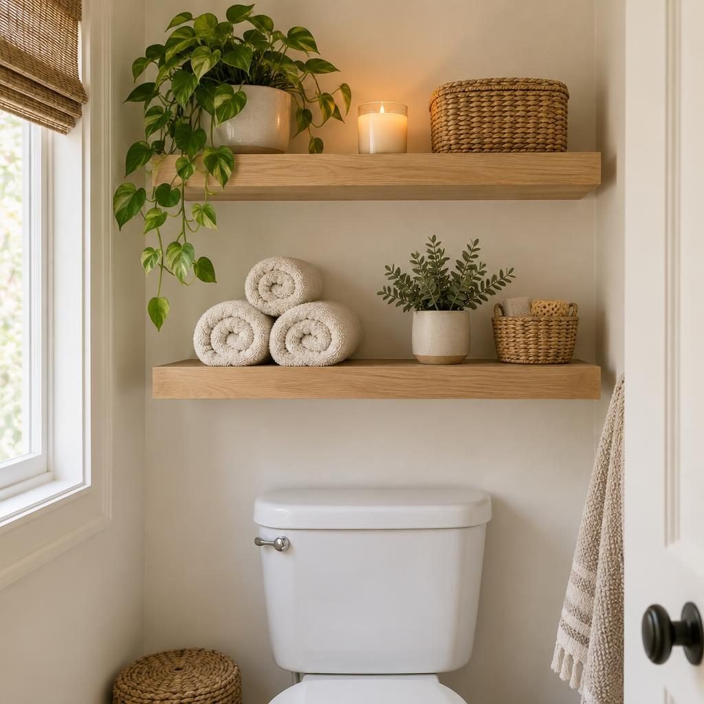 Two white oak floating shelves above a toilet holding rolled towels, a flameless candle, a plant and small baskets