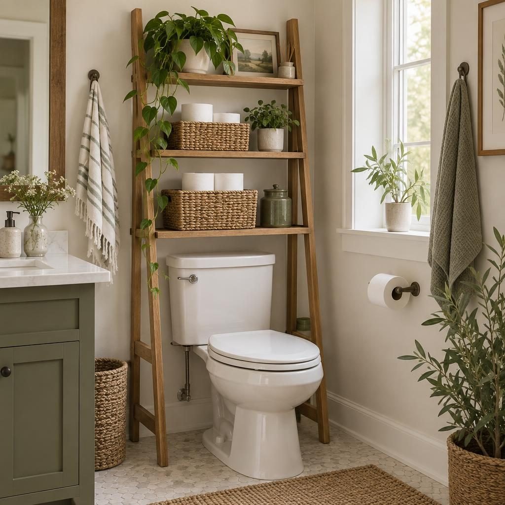 Leaning wooden ladder shelf beside a toilet with baskets of toilet paper, a hanging towel and a plant
