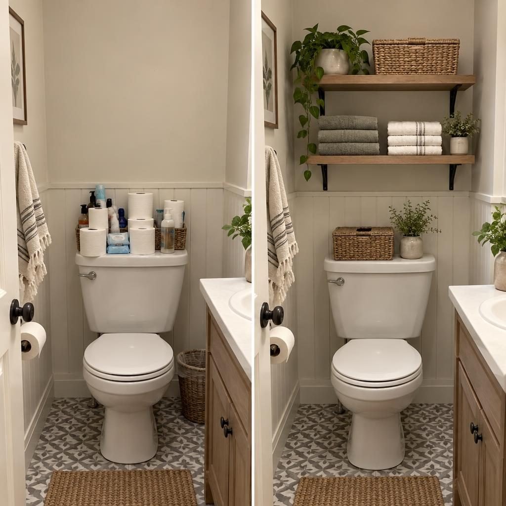 Over the toilet storage before and after: rolls and bottles piled on the tank next to the same bathroom with shelves and baskets above the toilet