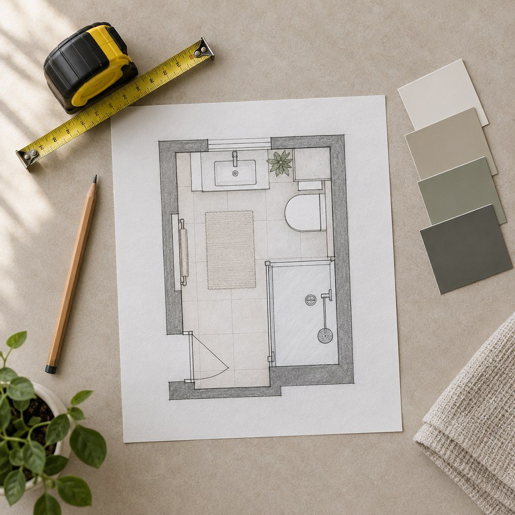 Bathroom floor plan sketch with measuring tape for planning storage