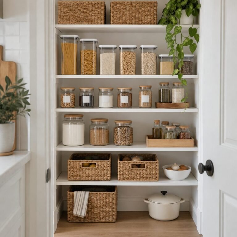 Pantry organization ideas: organized reach-in pantry with clear canisters, glass jars and woven baskets