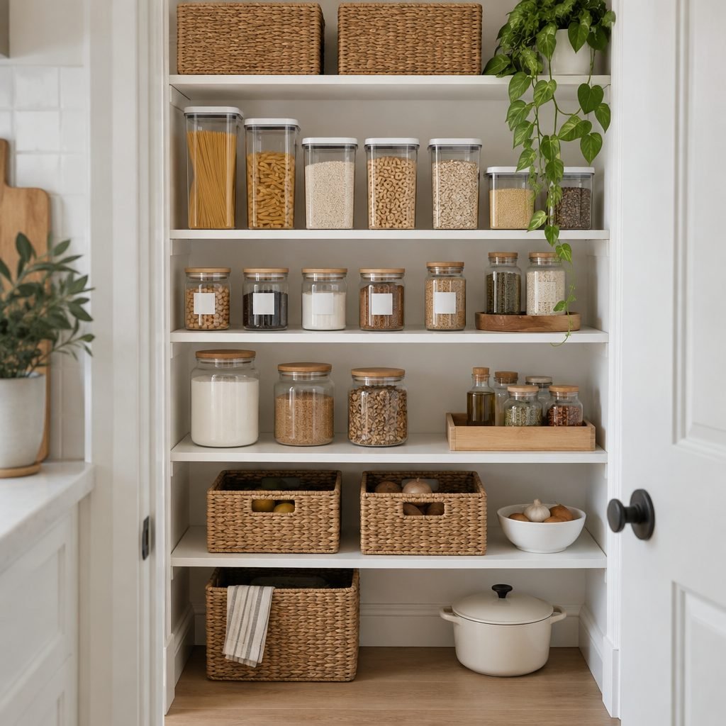 Organized pantry with clear canisters and woven baskets