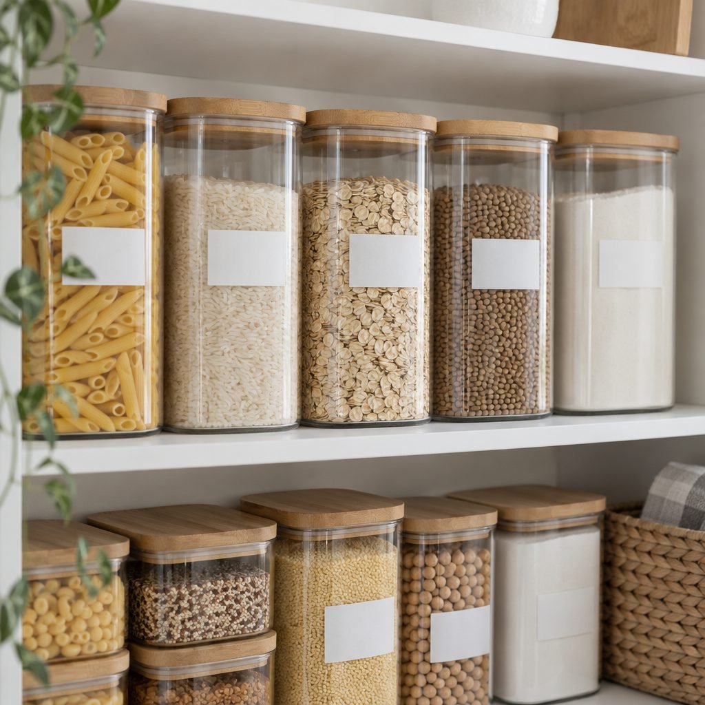 Clear airtight pantry containers with bamboo lids holding pasta, rice, oats and lentils
