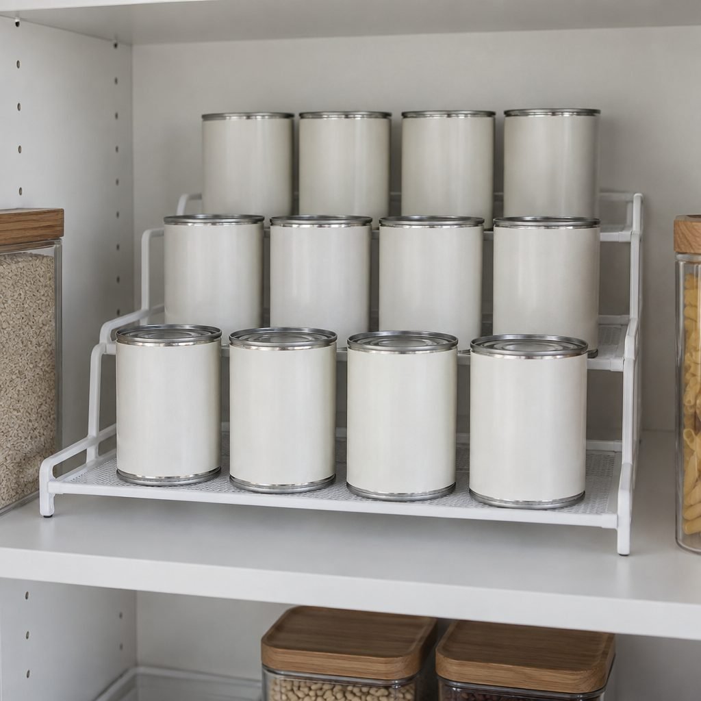 Three-tier can riser on a pantry shelf showing every row of canned goods