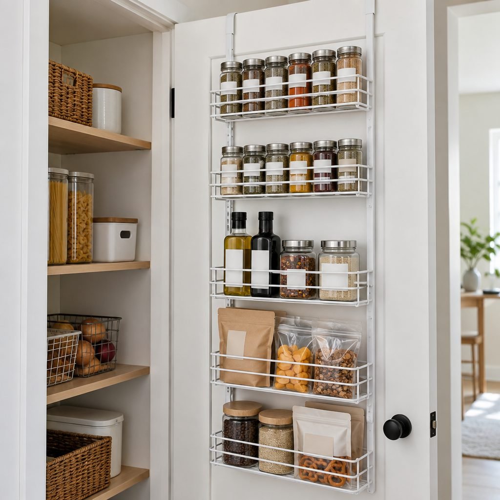 Over-the-door pantry rack holding spice jars, oil bottles and snack packets