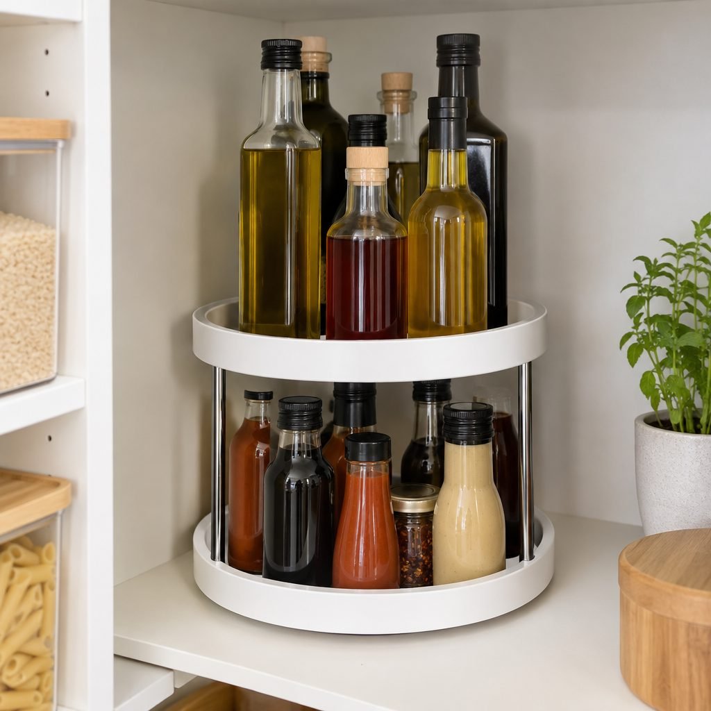 Two-tier lazy Susan in a pantry corner holding oils, vinegars and sauces