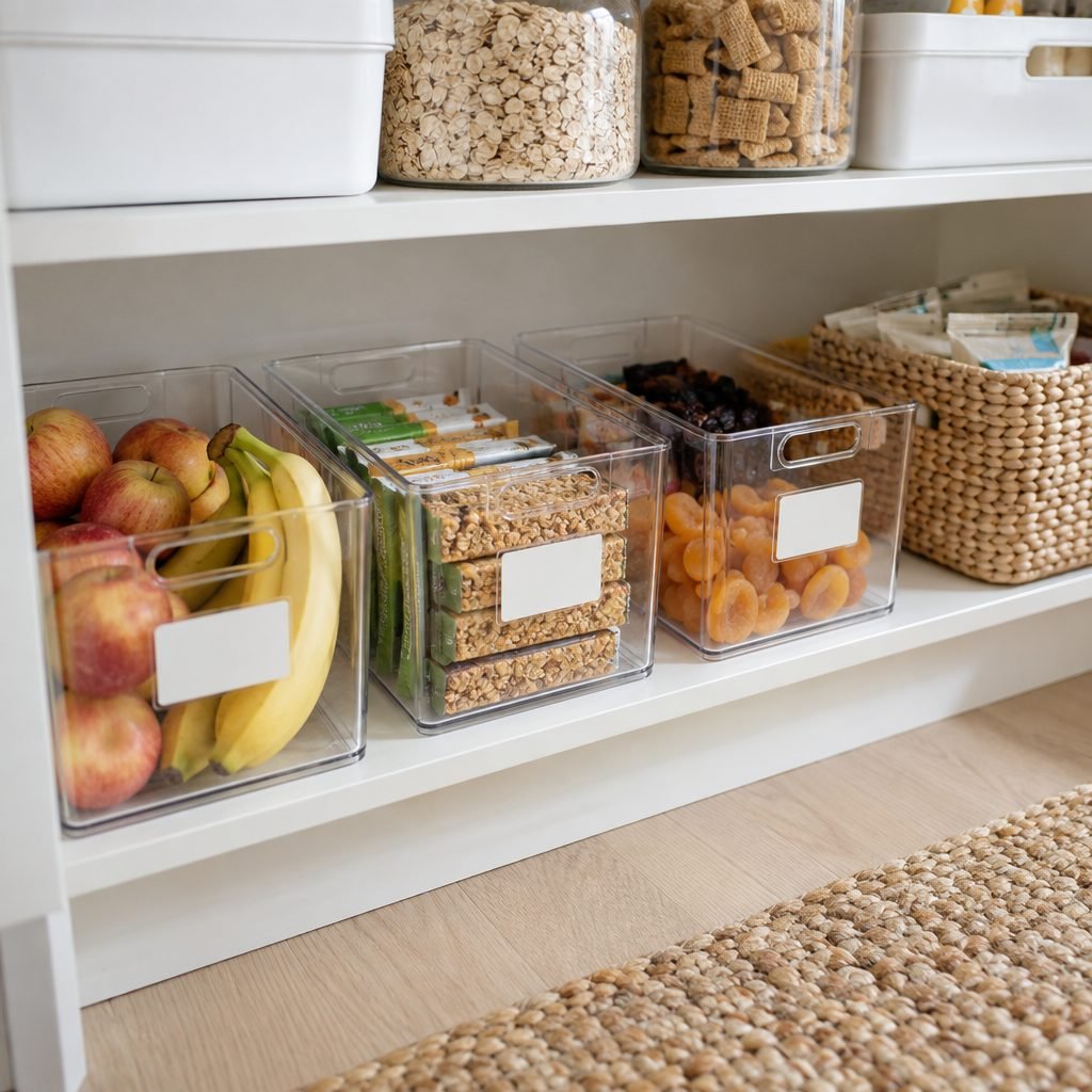 Clear pull-out bins on a low pantry shelf sorted into granola bars, crackers and dried fruit
