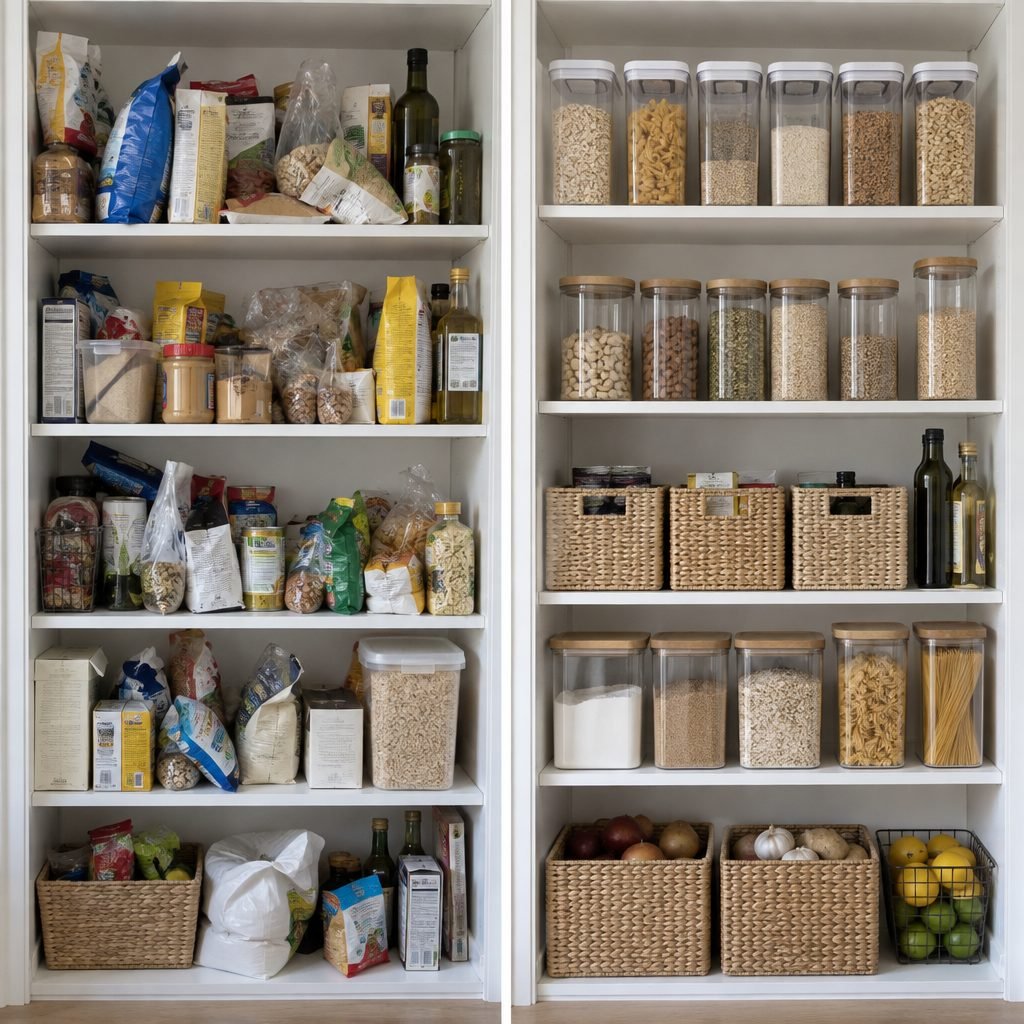 Pantry organization before and after: cluttered shelves next to shelves organized with clear containers and baskets