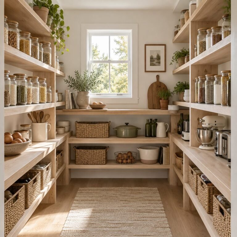 Pantry shelving ideas: walk-in pantry with wraparound light oak shelves in a U-shape holding glass jars, baskets and small appliances