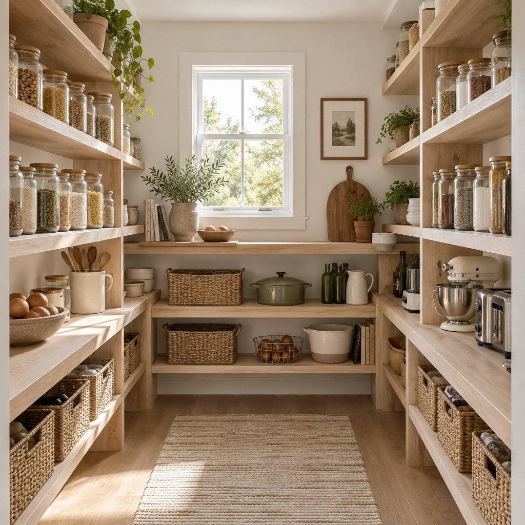 Pantry shelving ideas: walk-in pantry with wraparound light oak shelves in a U-shape holding glass jars, baskets and small appliances
