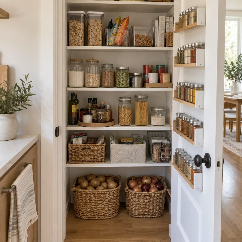 Small reach-in pantry with white adjustable shelves, clear bins, jars, baskets of produce and a spice rack on the door