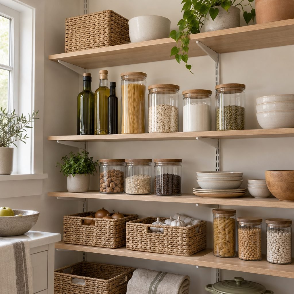 Adjustable pantry shelving with metal wall tracks and brackets holding light oak shelves with jars, bottles and baskets