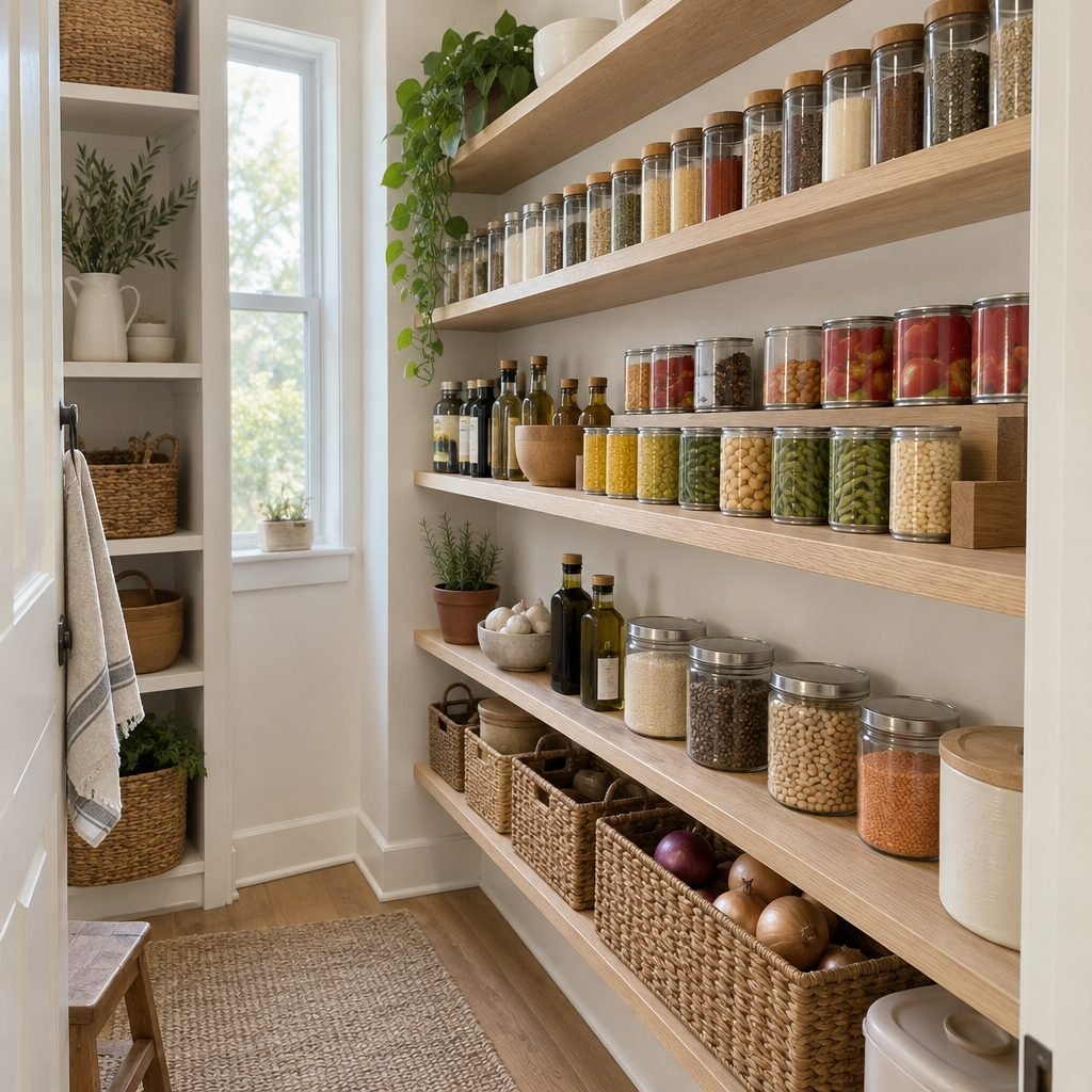 Shallow pantry shelves holding single rows of cans, spice jars and small bottles so every label is visible