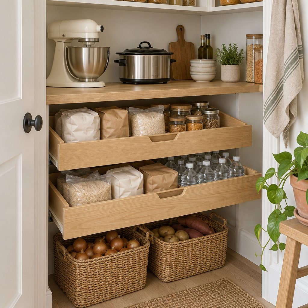 Pantry with a deep bottom shelf for a stand mixer and slow cooker and two pull-out wooden drawers with flour, rice and water