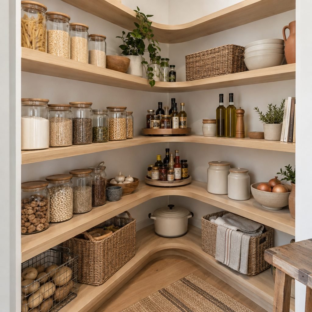 Curved wraparound corner shelves in a walk-in pantry with jars, oil bottles and a lazy susan of sauces