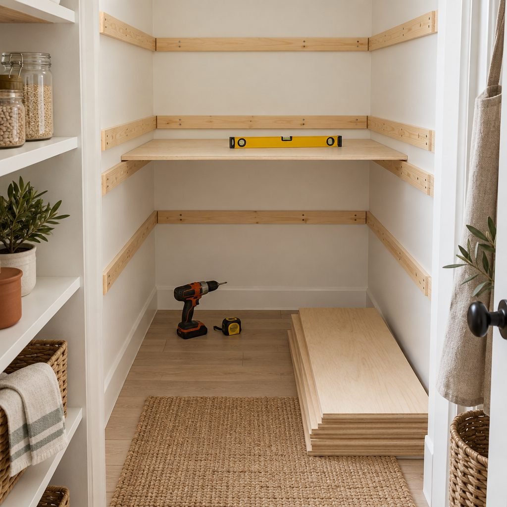 DIY pantry shelving in progress with wooden cleats on three walls, one plywood shelf, a level, a drill and cut shelf boards