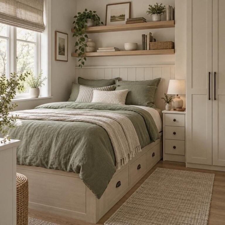 Small bedroom storage ideas: bed with built-in drawers, floating shelves above the headboard, a slim wardrobe and a narrow nightstand in a sage and cream bedroom