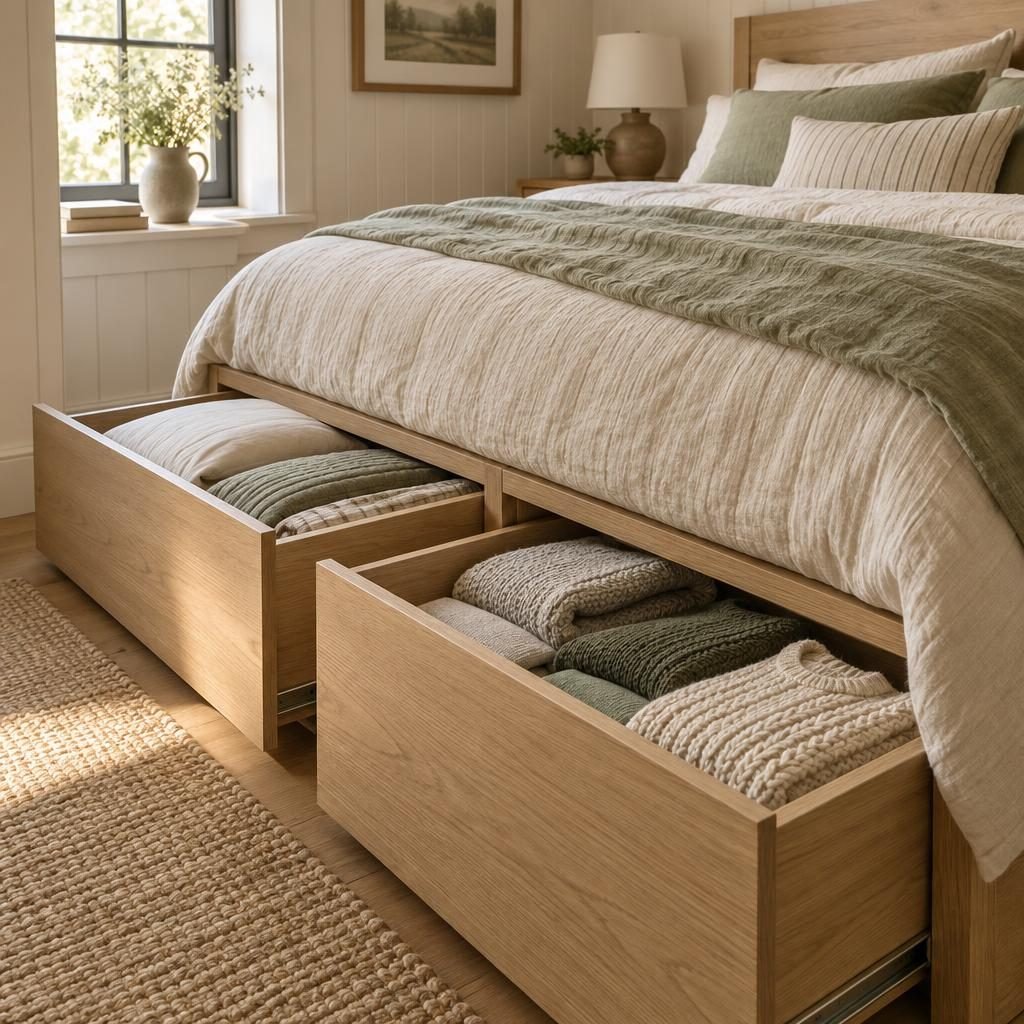 Platform storage bed with two large drawers pulled out holding folded sweaters and spare bedding