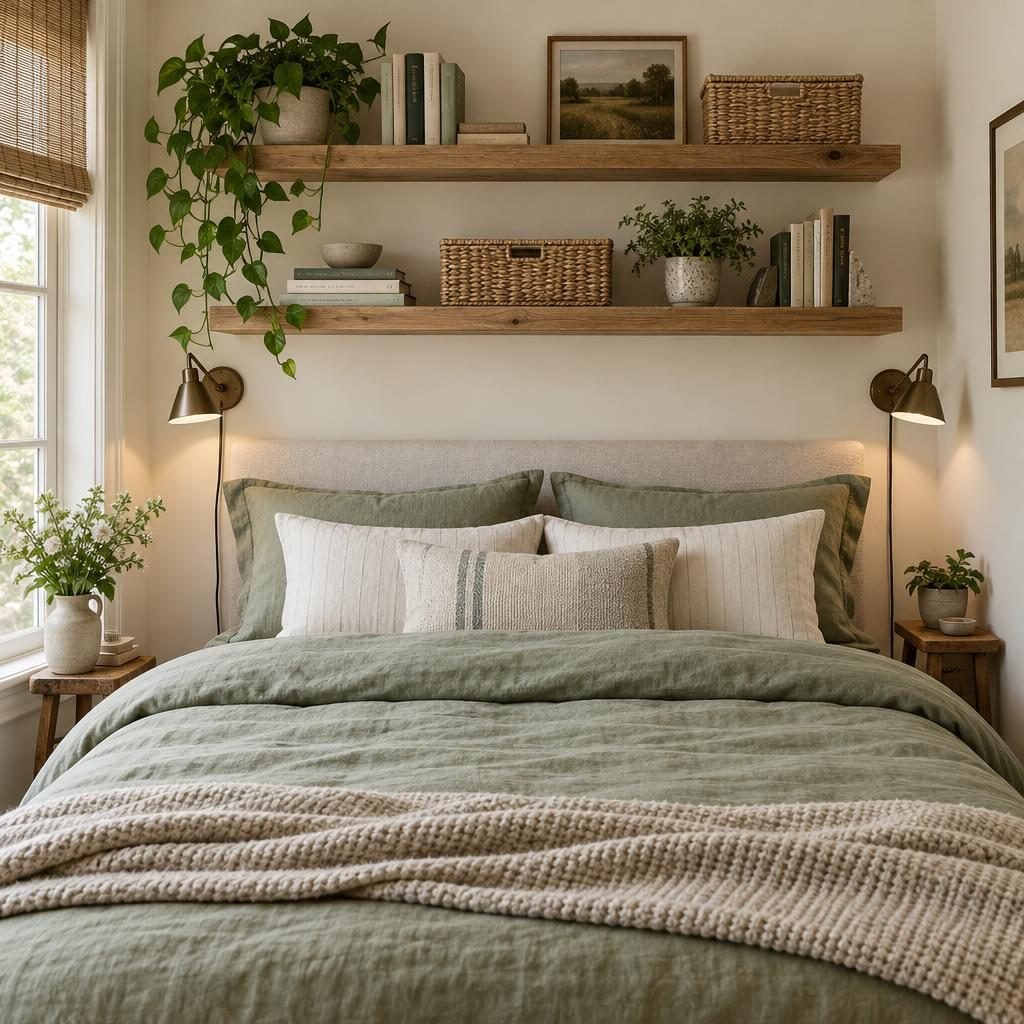 Wooden floating shelves above a bed with books, baskets and plants, and wall-mounted reading lamps on both sides