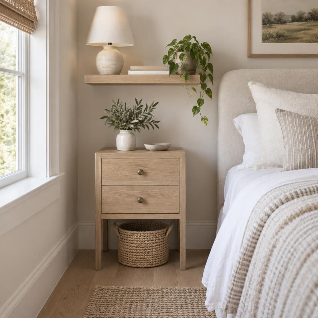 Narrow two-drawer bedside table with a woven basket underneath and a small floating shelf above it
