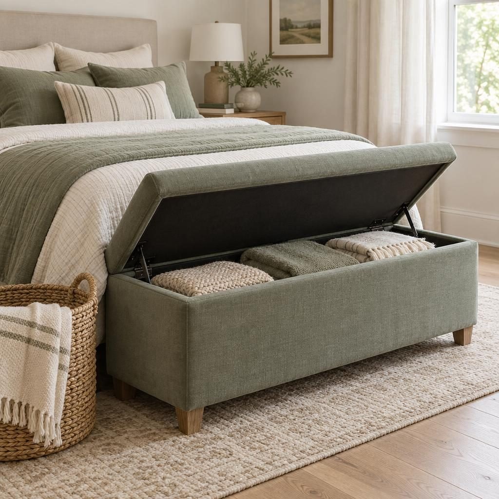 Upholstered sage storage bench at the foot of a bed with the lid open showing folded blankets inside