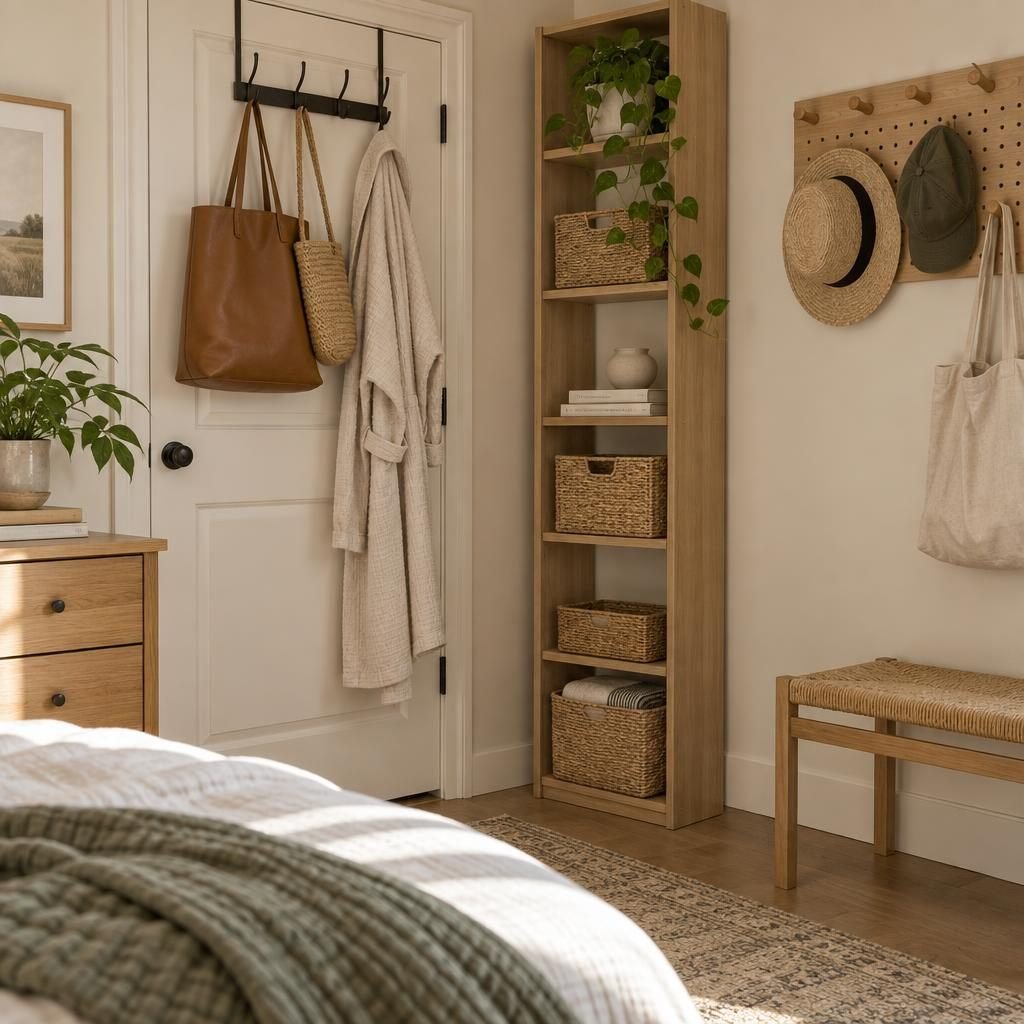 Small bedroom corner with an over-the-door hook rack holding bags and a robe, a tall narrow shelf with baskets and a pegboard with hats