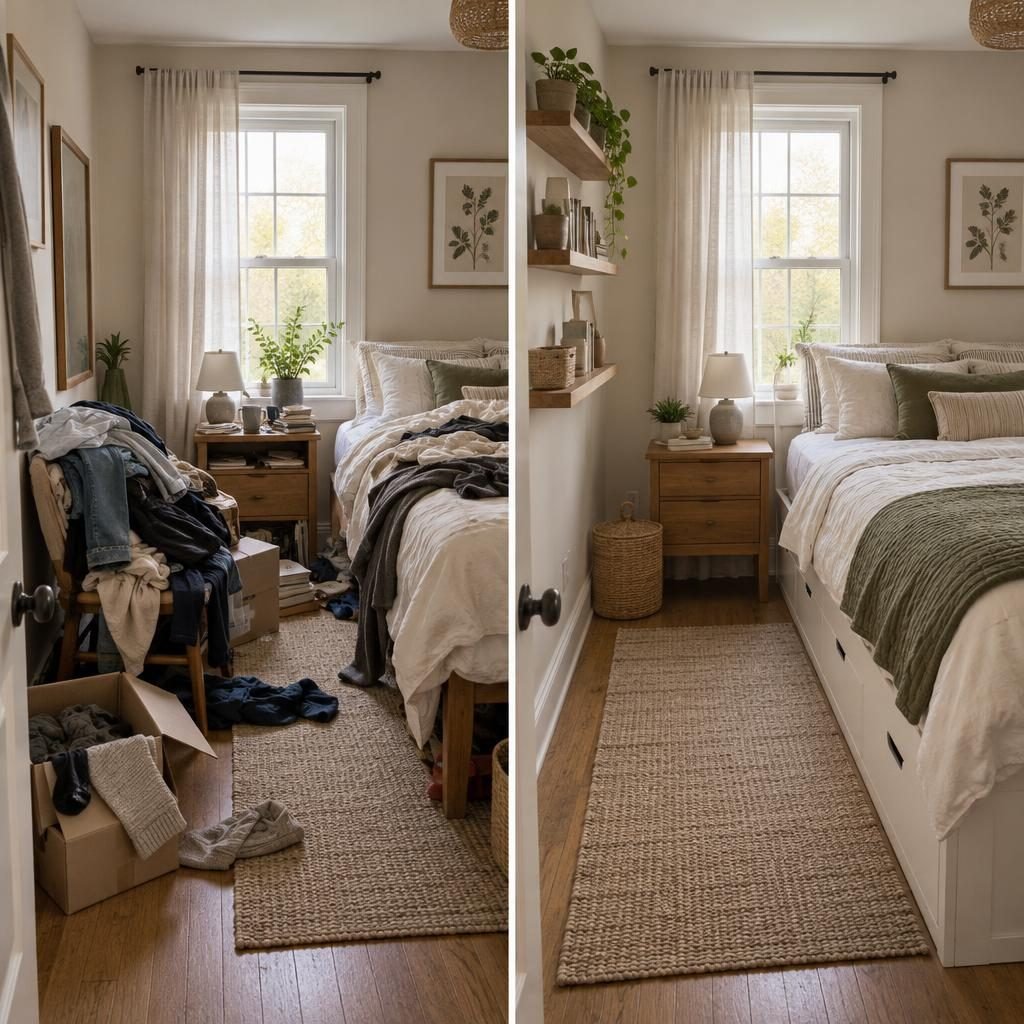Small bedroom before and after: clothes piled on a chair and boxes on the floor next to the same room organized with a storage bed and shelves
