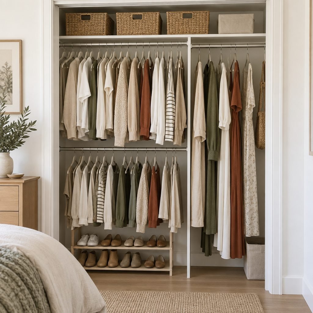 Small closet organization ideas: reach-in closet with sliding doors open, double hanging rods, matching hangers, labeled bins and a shoe rack