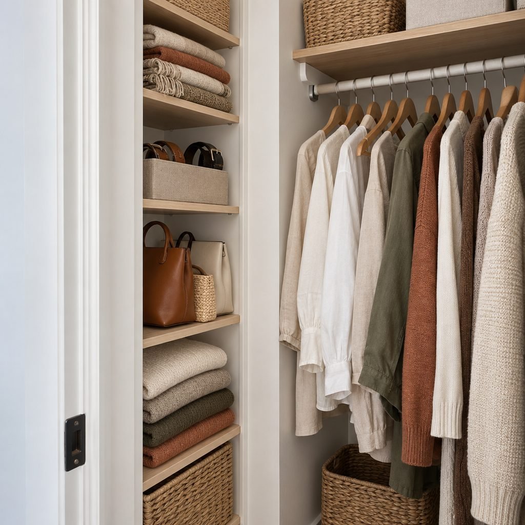 Slim shelves in the hidden side corner of a small reach-in closet holding folded sweaters, bags and small bins