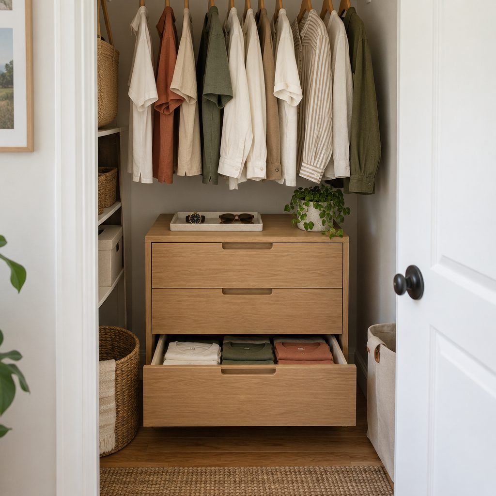 Small wooden chest of drawers inside a reach-in closet under short hanging shirts with one drawer open