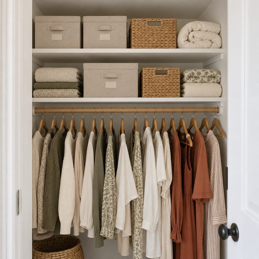 Two shelves above the rod in a small closet with labeled linen boxes and woven baskets for off-season clothes