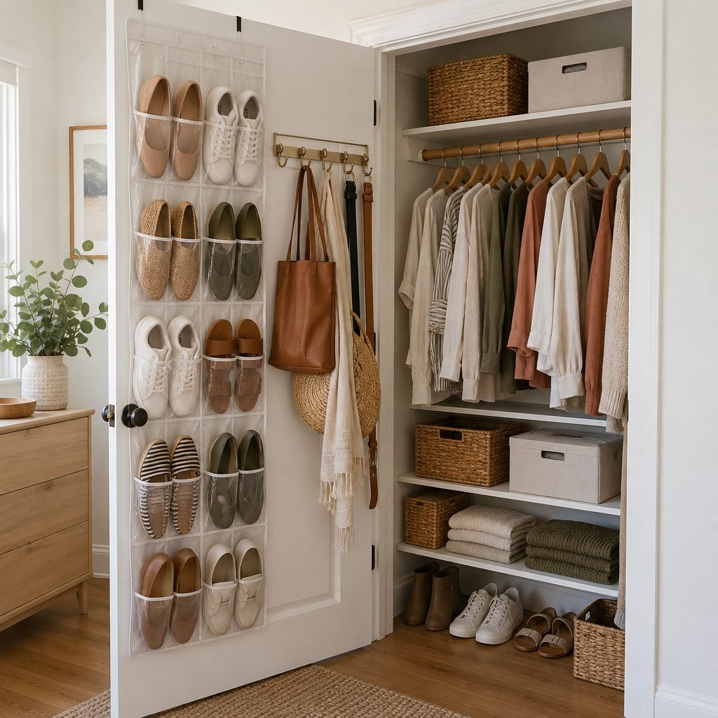 Clear over-the-door shoe organizer and bag hooks on the back of a closet door next to an organized small closet