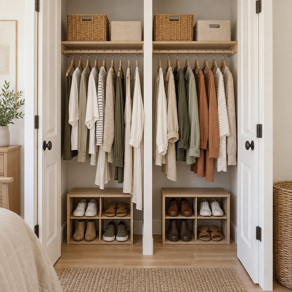 Small shared reach-in closet divided into two halves, each with its own hanging section, baskets and shoe cubby