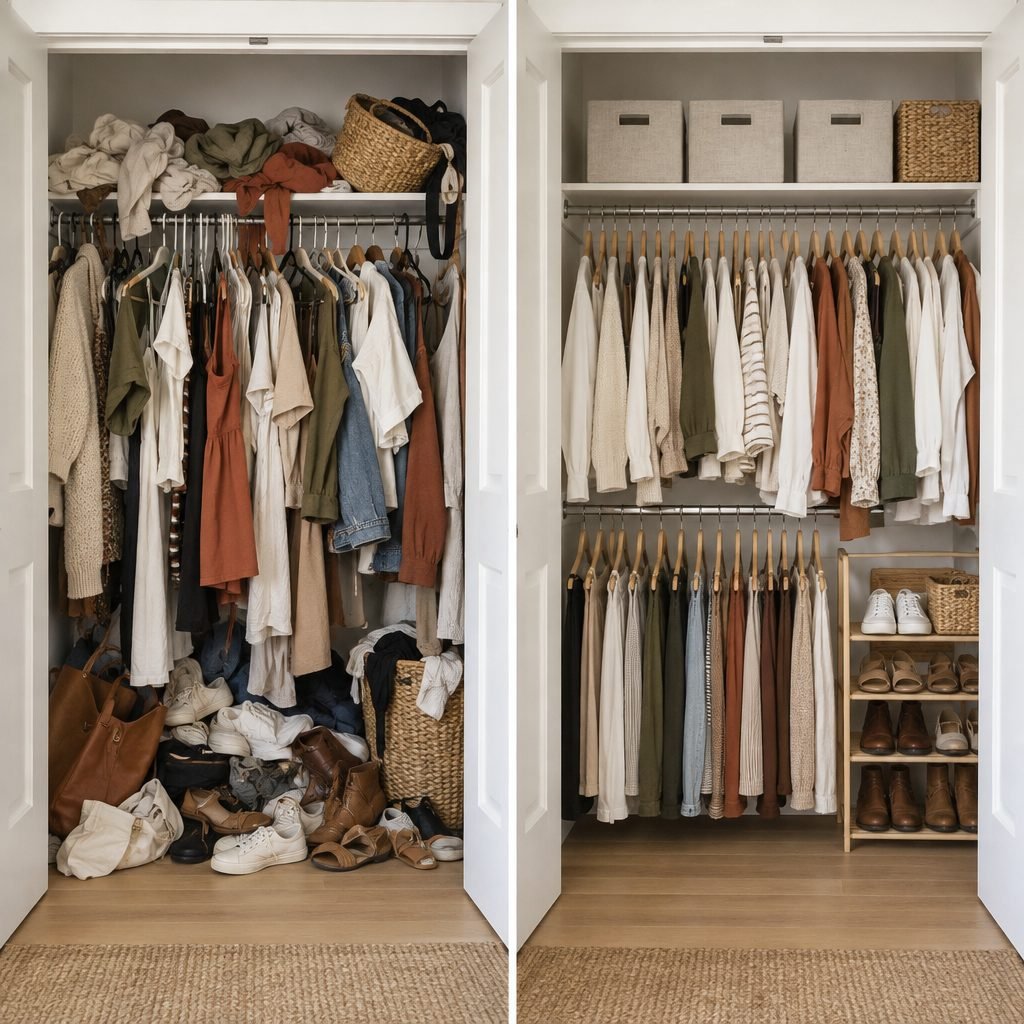 Small closet before and after: overstuffed reach-in closet with clothes on the floor next to the same closet neatly organized