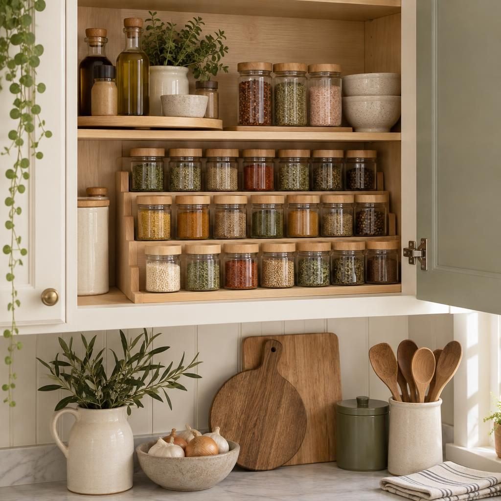 Spice cabinet organization: open upper kitchen cabinet with glass spice jars on bamboo tiered risers above a counter with cutting boards