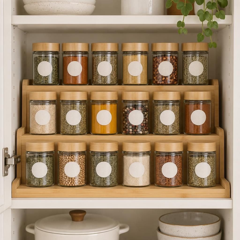 Three-step bamboo tiered spice riser holding matching glass jars with wooden lids and round blank labels