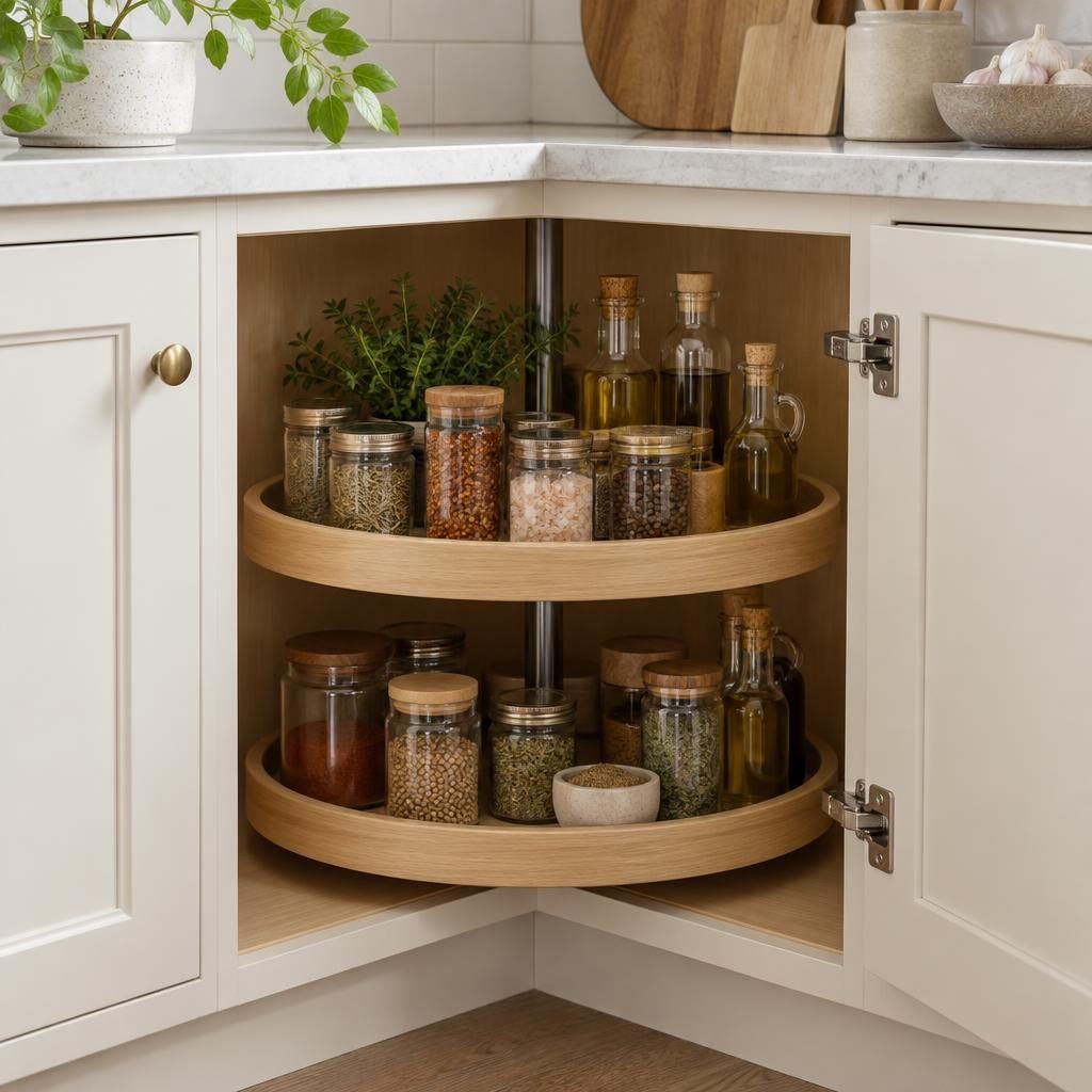 Two-tier lazy susan in a corner kitchen cabinet holding spice jars and cooking oils