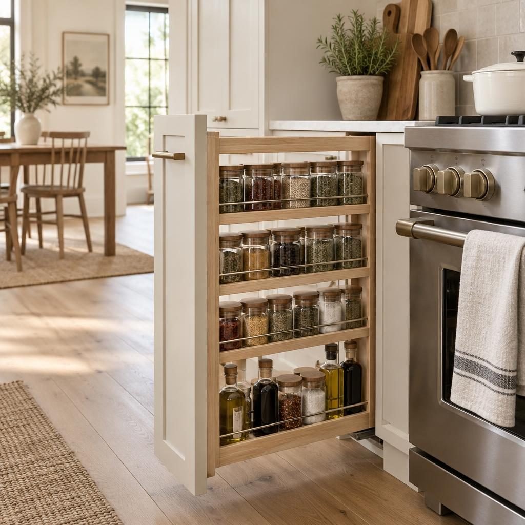 Narrow pull-out spice rack next to the stove with four shelves of spice jars and oil bottles