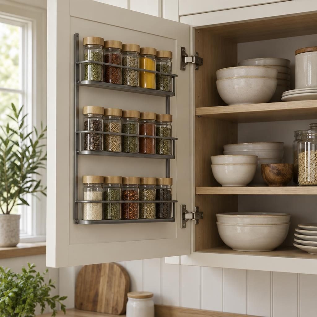 Metal spice rack mounted inside a cabinet door with three rows of glass spice jars
